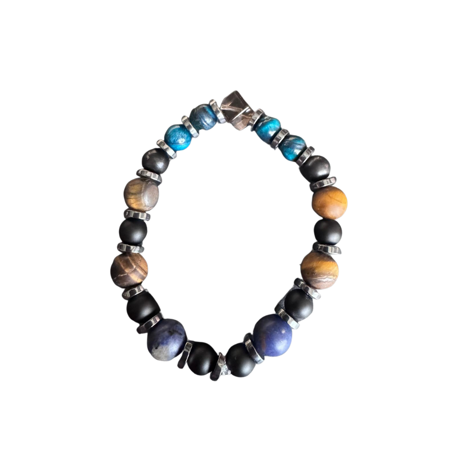 Armband Tigerauge, Lapislazuli, Hämatit, Shungit & Rauchquarz