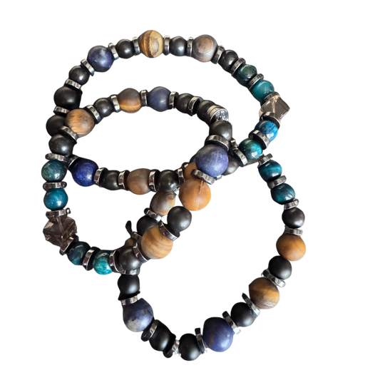 Armband Tigerauge, Lapislazuli, Hämatit, Shungit & Rauchquarz