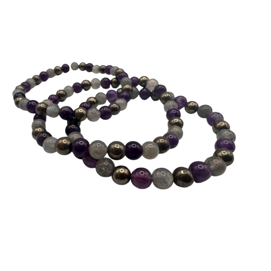 Armband Labradorit, Pyrit & Amethyst