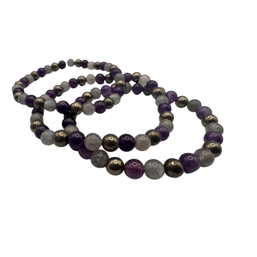 Armband Labradorit, Pyrit & Amethyst