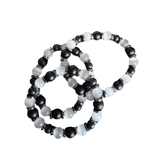 Armband Selenit, Hämatit, Shungit und Onyx